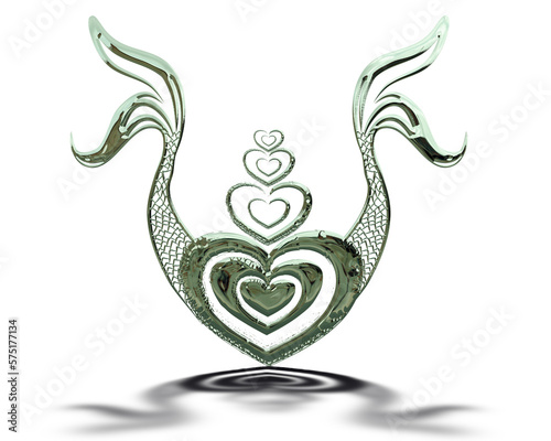 heart illustration with two metallic green mermaid tails