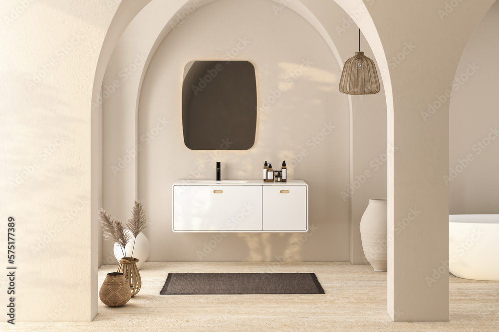 Bright minimal bathroom interior with white basin and oval mirror ...