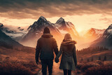 couple holding hands while watching the sunrise over a beautiful mountain range, generative ai