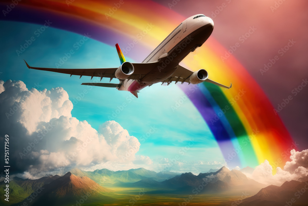 Naklejka premium Commercial airplane flying above a beautiful landscape with a rainbow in the background, generative ai