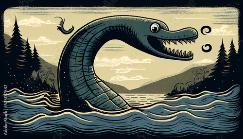 Illustration of the mythical Loch Ness monster from Scotland. Generative AI. photo