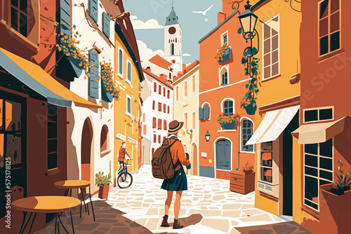 cheerful and bright vector-style illustration of a person sightseeing in a charming European town, generative ai © aicandy