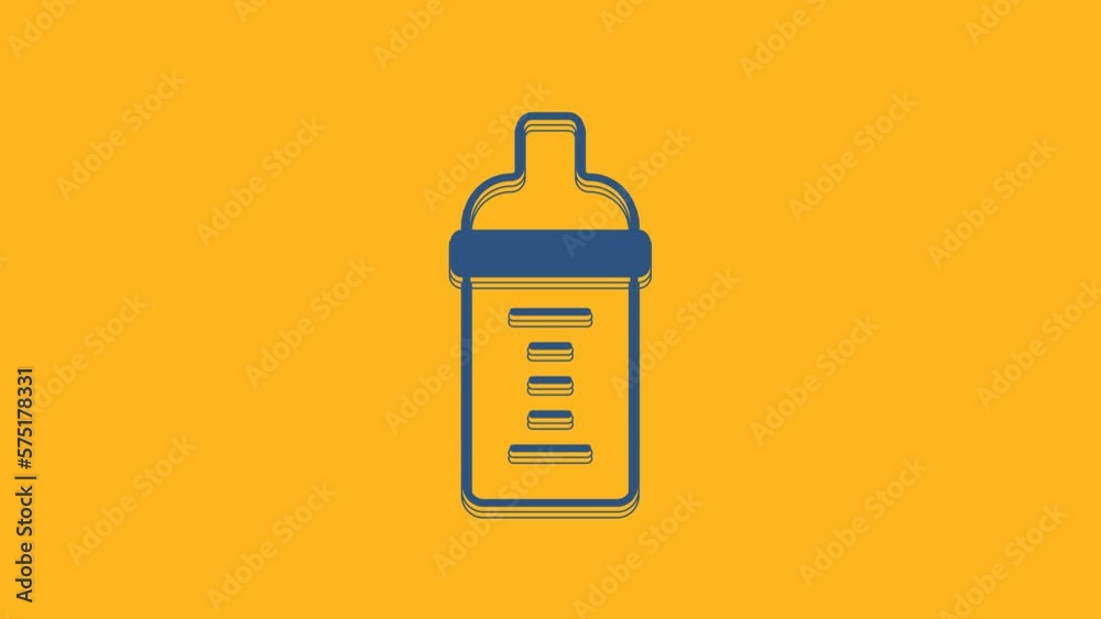 Blue Baby milk in a bottle icon isolated on orange background. Feeding bottle icon. 4K Video motion graphic animation Blue Baby milk in a bottle icon isolated on orange background. Feeding bottle icon. 4K Video motion graphic animation
