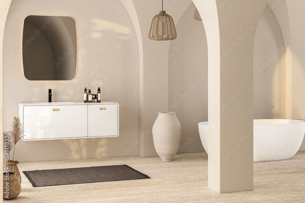 Bright minimal bathroom interior with white basin and oval mirror ...