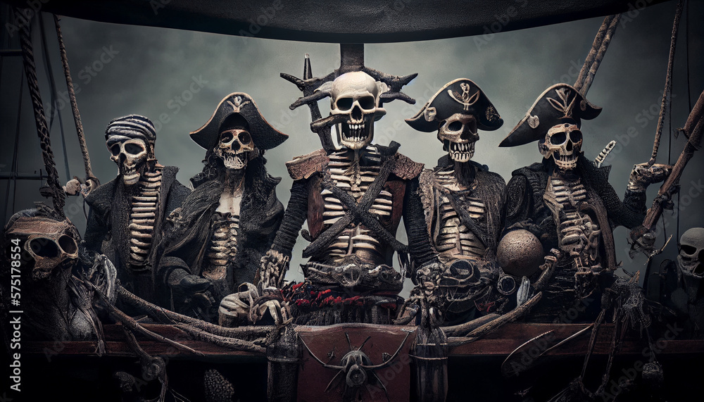 Fototapeta premium Illustration of a skeleton pirate crew. Generative AI.