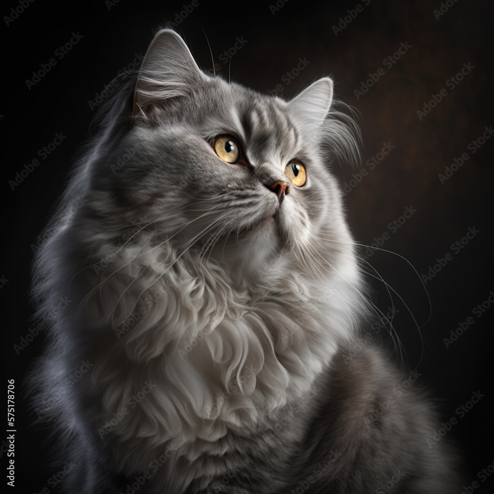 Portrait of a fluffy grey Norwegian Forest cat close up. Generative AI