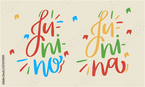 Junina e Junino. June expression in brazilian portuguese. Modern hand Lettering. vector. photo