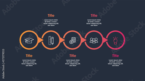 Business infographic process with circle template design with icons and 5 options or steps. Professional infographic or info chart template isolated on white background with red and orange colour