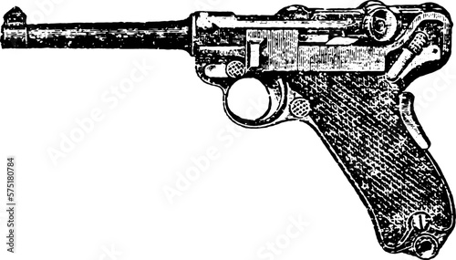 30-Caliber Automatic German Luger World War 2 WWII Pistol, Vintage Engraving