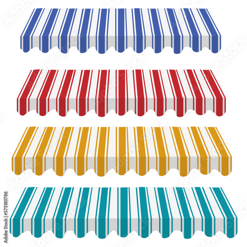 Collection of colorful shop awnings in four different colors
