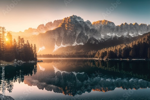 Majestic Sunrise at Eibsee Lake surrounded by Zugspitze Mountains Generative AI 