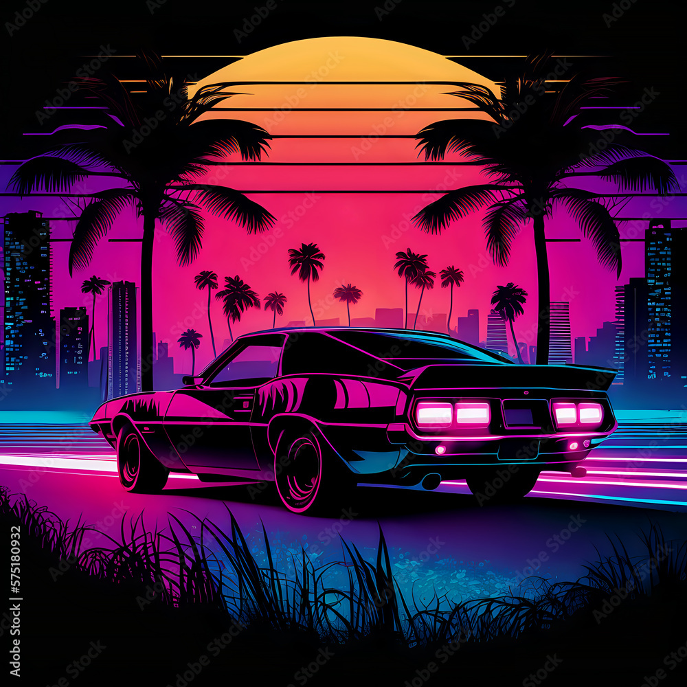 Retrowave styled night cityscape with a car in foreground. Generative AI