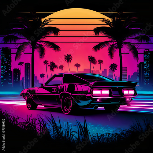 Retrowave styled night cityscape with a car in foreground. Generative AI © Denniro