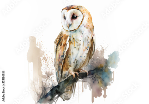 Generative AI. Watercolor owl isolated on white background. Perfect for design greeting card or print