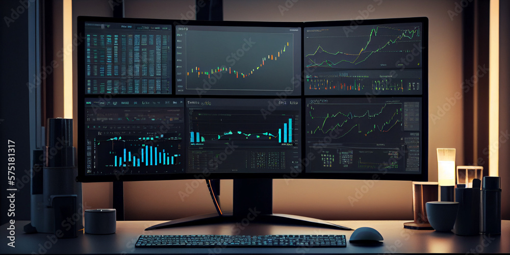 Trader workplace. Computer monitor with stock market charts on screen. Economic concept. Financial crisis and inflation - obrazy, fototapety, plakaty 