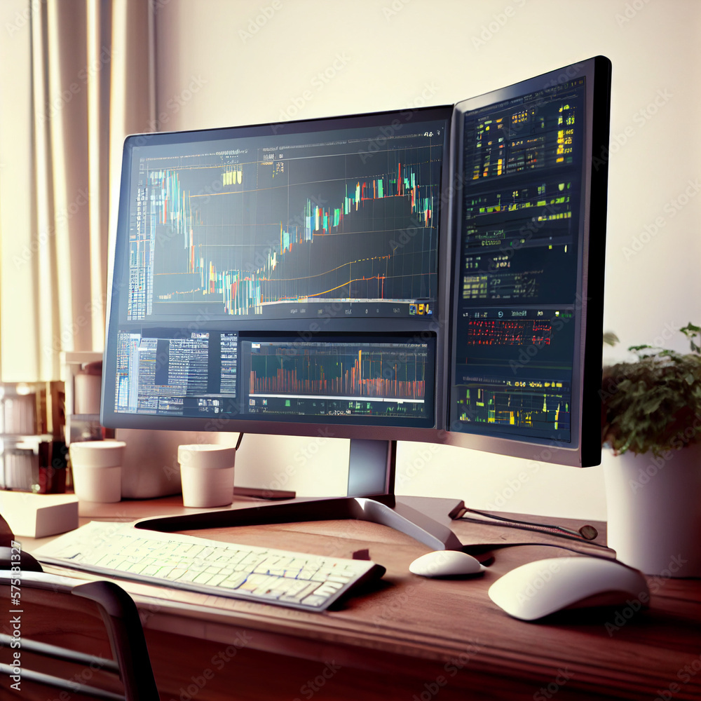 Trader workplace. Computer monitor with stock market charts on screen. Economic concept. Financial crisis and inflation Trader workplace. Computer monitor with stock market charts on screen. Economic concept. Financial crisis and inflation