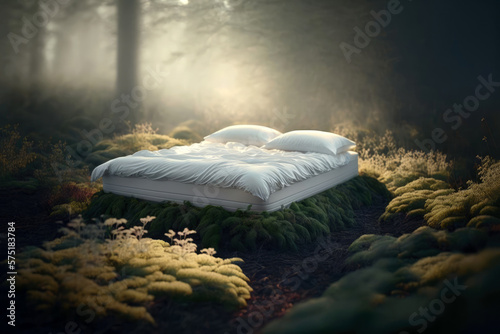 Ein Bett im Wald - Generative AI photo
