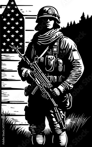 american military man standing holding rifle. american brave soldier illustration vector. warrior in the war. Art design for print, cover, wallpaper, wall art. Vector illustration.