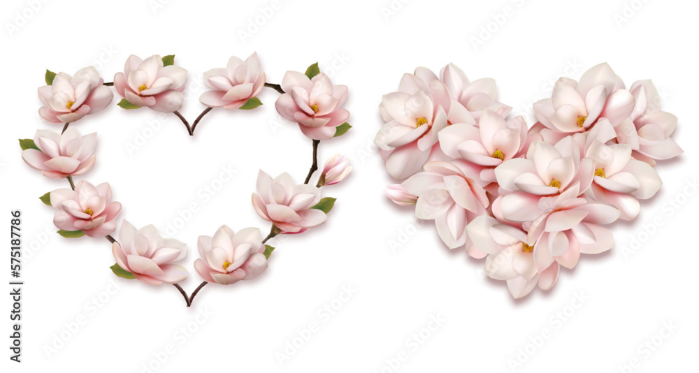 Collection of hearts collected from pink magnolia flowers isolated on a transparent background. Vector illustration.