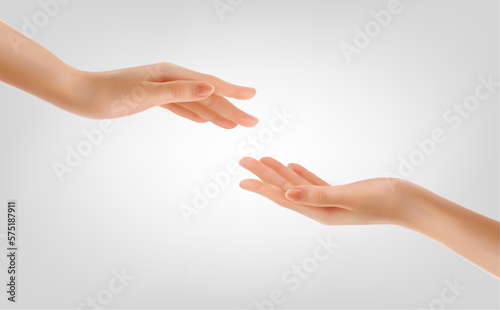Two hands touching People helping each other with their fingertips. Giving a helping hand concept. Concept of human relation, community, togetherness, teamwork. Vector © ecco
