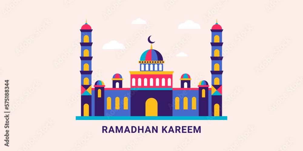 Naklejka premium Ramadan kareem islamic banner with colorful geometric style. Vector illustration.