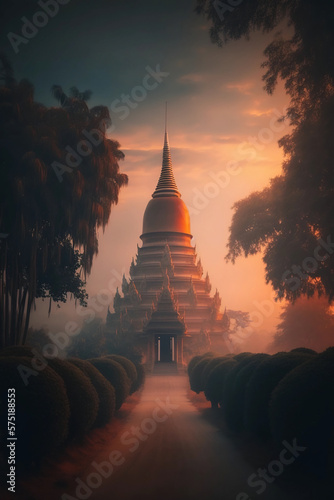 Thai temple at dawn nature scenery calm peaceful. Generative AI.
