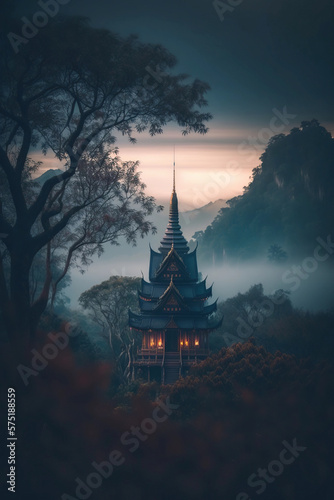 Thai temple at dawn nature scenery calm peaceful. Generative AI.