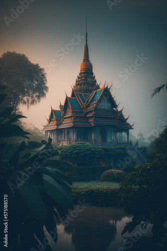 Thai temple at dawn nature scenery calm peaceful. Generative AI.