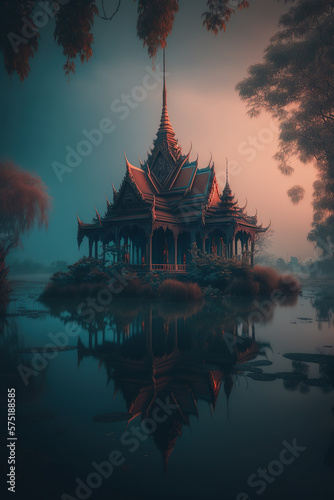 Thai temple at dawn nature scenery calm peaceful. Generative AI.