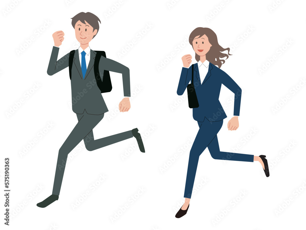 走る男女のビジネスパーソン