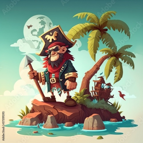 Pirate Character in Island and Sea Background: Adventure on the High Seas, generative ai
