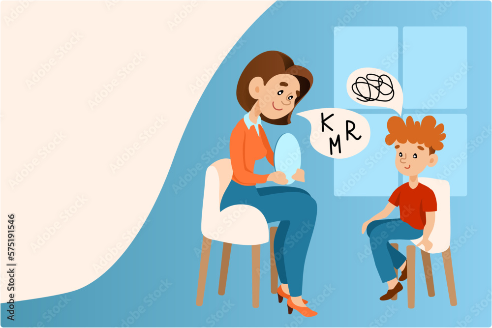 The boy is engaged with a speech therapist. Child training basic language skills with speech therapist isolated flat vector illustration. Articulation problem and speech therapy concept. The boy is engaged with a speech therapist. Child training basic language skills with speech therapist isolated flat vector illustration. Articulation problem and speech therapy concept.