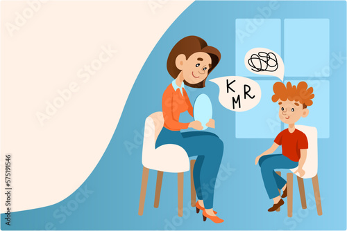 Fototapeta Naklejka Na Ścianę i Meble -  The boy is engaged with a speech therapist. Child training basic language skills with speech therapist isolated flat vector illustration. Articulation problem and speech therapy concept. 