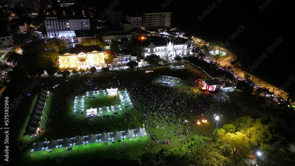 Aerial view people gather at Padang Kota Lama Esplanade in night Aerial view people gather at Padang Kota Lama Esplanade in night