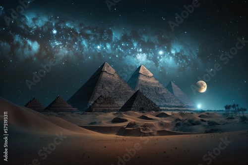 egyptian pyramids in desert in the night moon in CAIRO, Generative AI