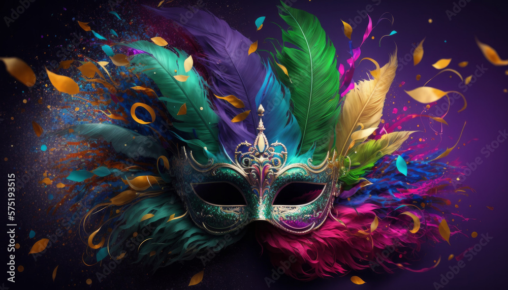 Traditional carnival mask with feathers and confetti. Mardi gras celebration. Generative ai