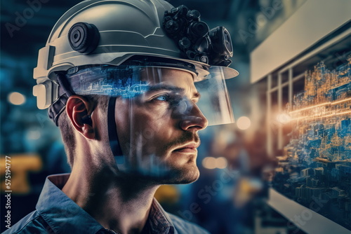 Technological engineer portrait ensuring high-quality and precise production quota on factory assembly line in wondrous double exposure. Manufacturing engineering technology concept by Generative AI.