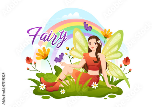 Beautiful Flying Fairy Illustration with Elf  Landscape Tree and Green Grass in Flat Cartoon Hand Drawn for Web Banner or Landing Page Templates