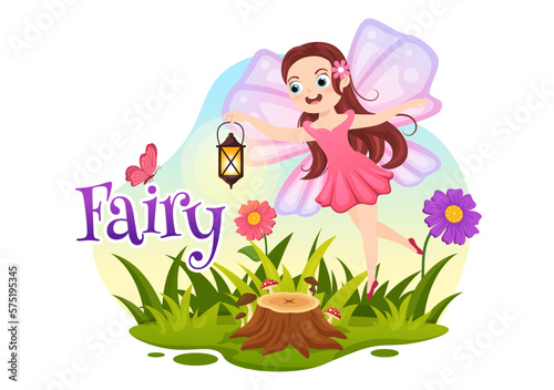Beautiful Flying Fairy Illustration with Elf, Landscape Tree and Green Grass in Flat Cartoon Hand Drawn for Web Banner or Landing Page Templates