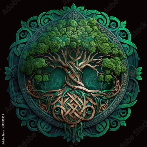 Celtic Tree of Life and Death Symbol in Vivid Emerald Colors, generative ai