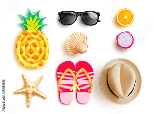 Summer elements vector set design. Summer beach floater hat, sunglasses, flipflop and seashells 3d realistic element. Vector illustration isolated elements collection. 