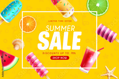 Summer sale vector banner design. Summer limited time offer text with ice cream, ice pop and popsicle elements. Vector illustration discount promo flyer ads background. 