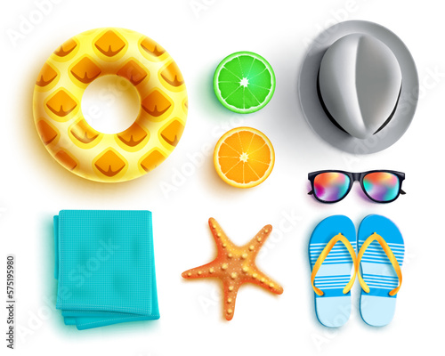 Summer beach elements vector set design. Summer travel vacation and swimming element isolated in white background. Vector illustration tropical season elements collection. 