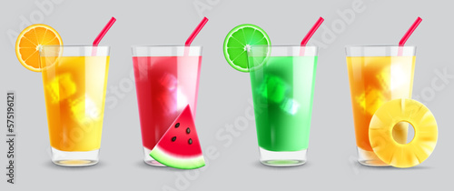 Summer juice vector set design. Summer fruit drinks, iced soda and refreshing lemonade glasses. Vector illustration fruit drinks collection. 