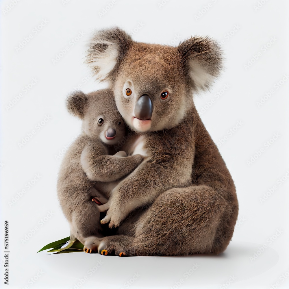 Naklejka premium Mother koala with her baby. Isolated on white background. Generative AI
