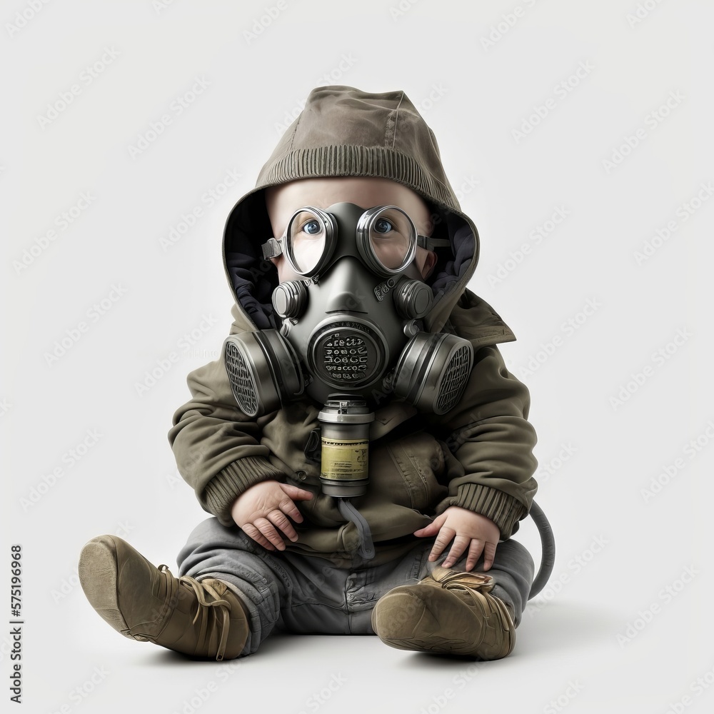 little boy in a gas mask sitting on the floor isolated on white background. Generative AI little boy in a gas mask sitting on the floor isolated on white background. Generative AI