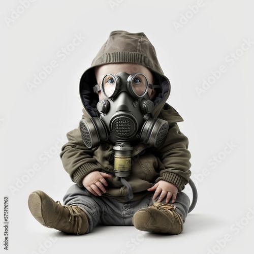 little boy in a gas mask sitting on the floor isolated on white background. Generative AI