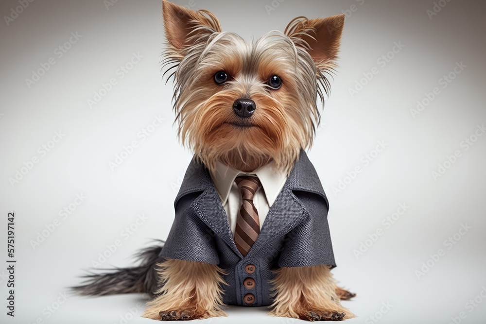 Portrait of a Yorkshire Terrier dog dressed in a formal business suit, generative ai