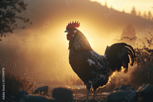 Print op canvas a rooster standing on a rock in a field at dawn, a 3D rendering, photorealism