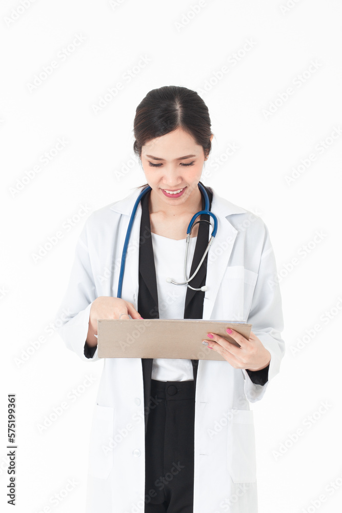 Portrait confident Asian woman doctor and her hand is holding the file and she looking and point it.shoot medium shot isolated on white background. Portrait confident Asian woman doctor and her hand is holding the file and she looking and point it.shoot medium shot isolated on white background.